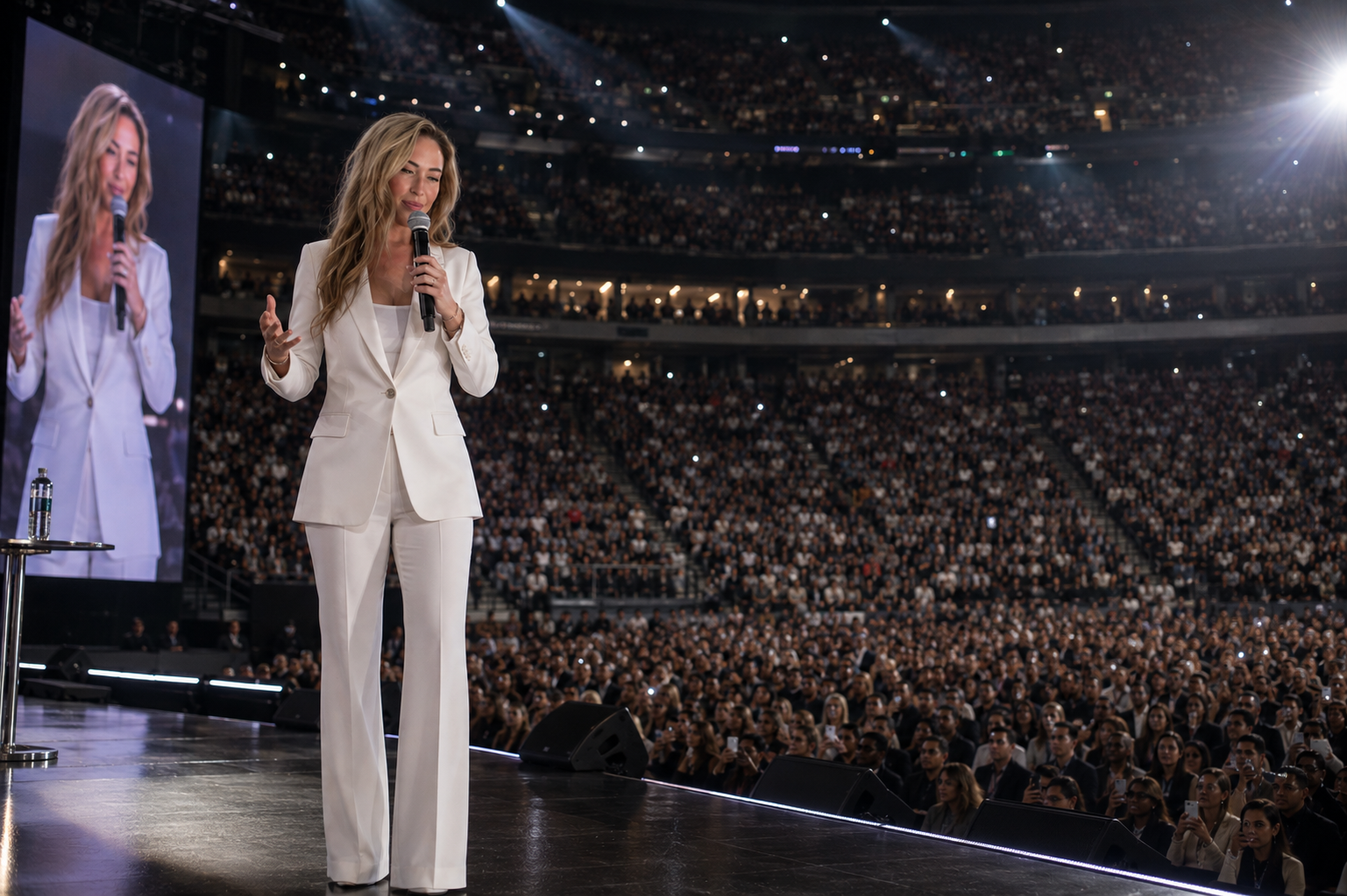 Danielle Sabrina speaking on stage to a packed arena